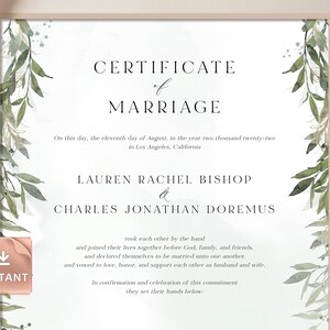NEVE - Grüne Heiratsurkunde, modernes Zertifikat Andenken, grüne Kalligraphie Hochzeit Vorlage, Hochzeitsandenken Download