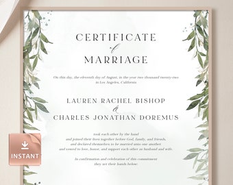 Greenery Marriage Certificate Template: Modern Calligraphy (Digital Download)