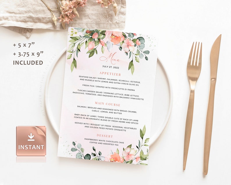 KYLIE Blush Greenery Menu Card Printable Wedding Menu | Etsy