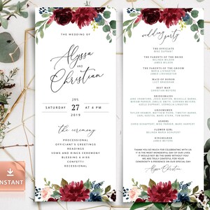 Plantilla de programa de bodas de Borgoña, follaje verde salvia, impresión en casa, programa de ceremonia imprimible, ventilador del programa, tarjeta editable del día de la boda