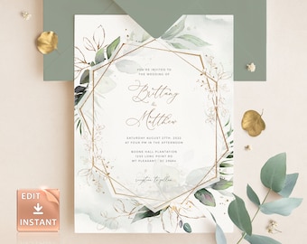 CLEO - Geometric Wedding Invitation Template, Boho Wedding Invite Template, Wedding Invitation Template Download Faux Gold Invite Suite Kit