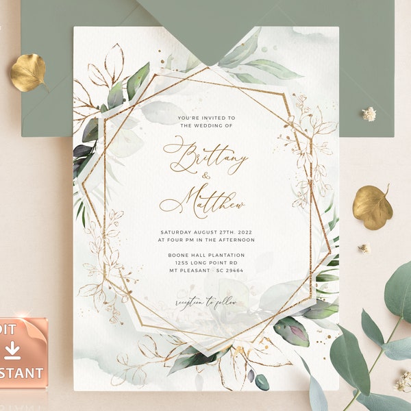 Geometric Wedding Invitation Template: Boho Faux Gold (Digital Download)