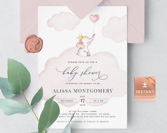 Elephant Baby Shower Invitation Template: Watercolor Girl Theme (Instant Download)