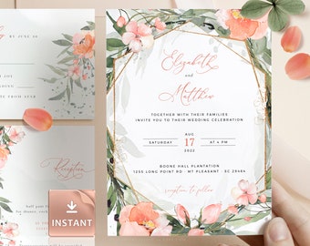 VENA - Blush Geometrical Wedding Invitation Template, Peony Rose Greenery Wedding, Pink Roses Invitation Bundle, Printable Wedding Set