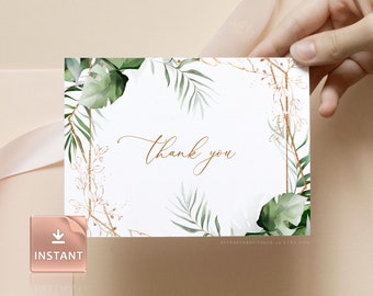 PAIGE - Tropical Thank You Card, Printable Botanical Greenery Leaves, Tent Folded and Single, Editable Template, Thank You Cards Wedding