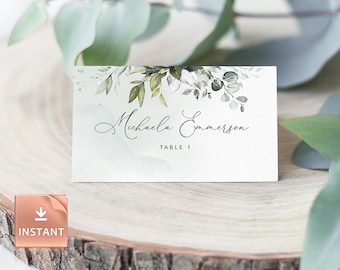 REESE - Custom Wedding Name Cards, Printable Table Place Card, Eucalyptus Watercolor Greenery Leaves, Flat and Tentfolded, Editable Template