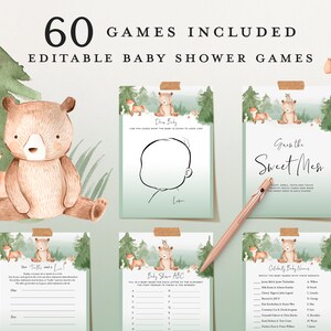 WOODLAND Baby Shower Games, Editable Animal Baby Shower Games Bundle, Printable Baby Party Games, Virtual Games, Bear Fox Squirrel Raccoon