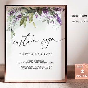 LAMI - Custom Lavender Wedding Signs, Editable Template, Wedding Poster, Reception Decor, Purple Eucalyptus Sign Printable, 8x10 and 10x8