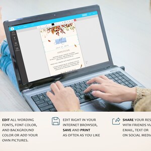 May include: A laptop computer displaying a menu template with a fall theme. The menu template features a watercolor background with leaves and a light blue rectangle with the word "Menu" in white text. The text "July 27, 2019" is below the word "Menu". The menu template is editable and can be customized with different fonts, colors, and images.