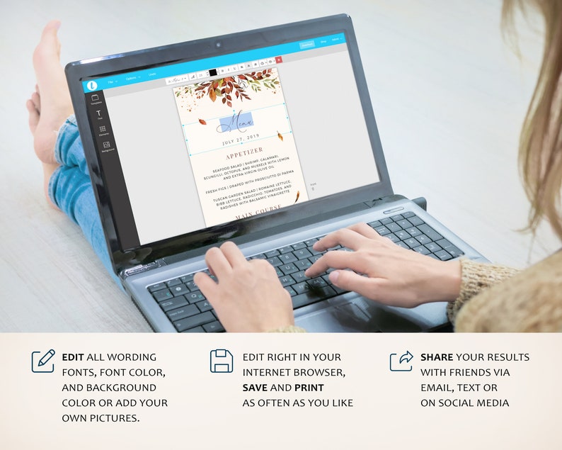 May include: A laptop computer displaying a menu template with a fall theme. The menu template features a watercolor background with leaves and a light blue rectangle with the word "Menu" in white text. The text "July 27, 2019" is below the word "Menu". The menu template is editable and can be customized with different fonts, colors, and images.