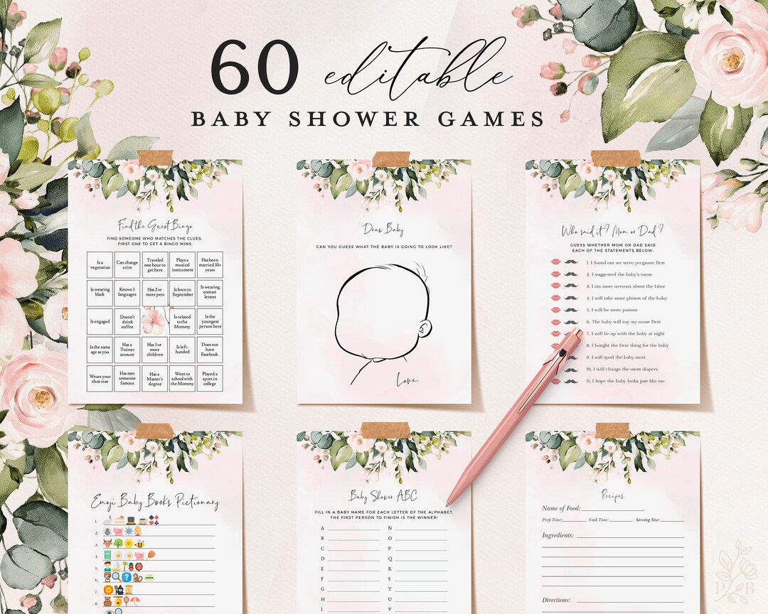 Blush Baby Shower Games, Editable Baby Shower Games Bundle, Download