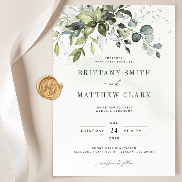 REESE - Bohemian Wedding Invitation Template with Watercolor Eucalyptus, Boho Greenery, INSTANT Download, Editable, Printable Templett Suite