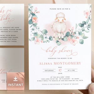 SNOWY - Pink Sheep Baby Shower Invitation, Girl Sheep Baby Shower Invites, Printable Eucalyptus Baby Lamb Shower Invite, DIY Custom Editable