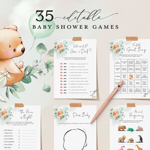 BooBoo - Bear Baby Shower Games, 35 Editable Baby Shower Games, Bear Baby Shower Games Bundle Printable, Baby Party Games Virtual Baby Games