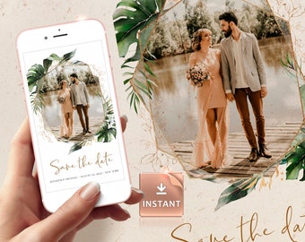 PAIGE - Picture Save the Date Smartphone, Botanical Electronic Invitation, Photo Evite Digital Template, Save Our Date, Editable Download