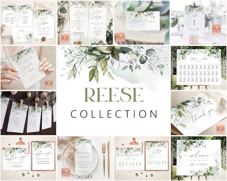 Greenery Wedding Invitation Collection 30 Templates, Customizable Wedding Kit, Mega Bundle, Eucalyptus Sage Green and Blue image 1