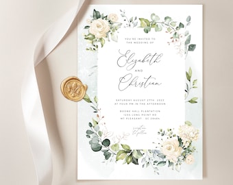 NEVE - White Floral Wedding Invitation Template Greenery White Rose Peony Printable Wedding Invitation Suite Instant Download Editable PDF