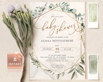 Geometric Baby Shower Invitation: Watercolor Greenery, Gender Neutral (Printable)