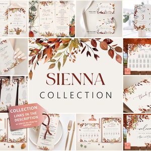 May include: A collection of printable wedding stationery featuring a watercolor design with fall leaves in shades of orange, red, and brown. The collection includes a save the date card, invitation, menu, table numbers, seating chart, thank you card, and welcome sign. The text "SIENNA COLLECTION" is displayed in a burgundy font.