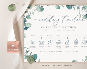Customizable Wedding Day Timeline Sign: Greenery Watercolor (Digital Download)