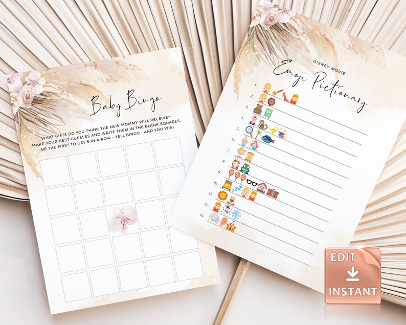 Pampas Grass Baby Shower Games Printable, Boho Baby Shower Game Bundle, Tropical Bohemian Baby Shower Games, Muted Pink Girl Dried Flowers image 2