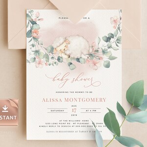 Pink Sheep Baby Shower Invitation, Girl Sheep Baby Shower Invites, Printable Eucalyptus Baby Lamb Shower Invite, DIY Custom Editable, SNOWY