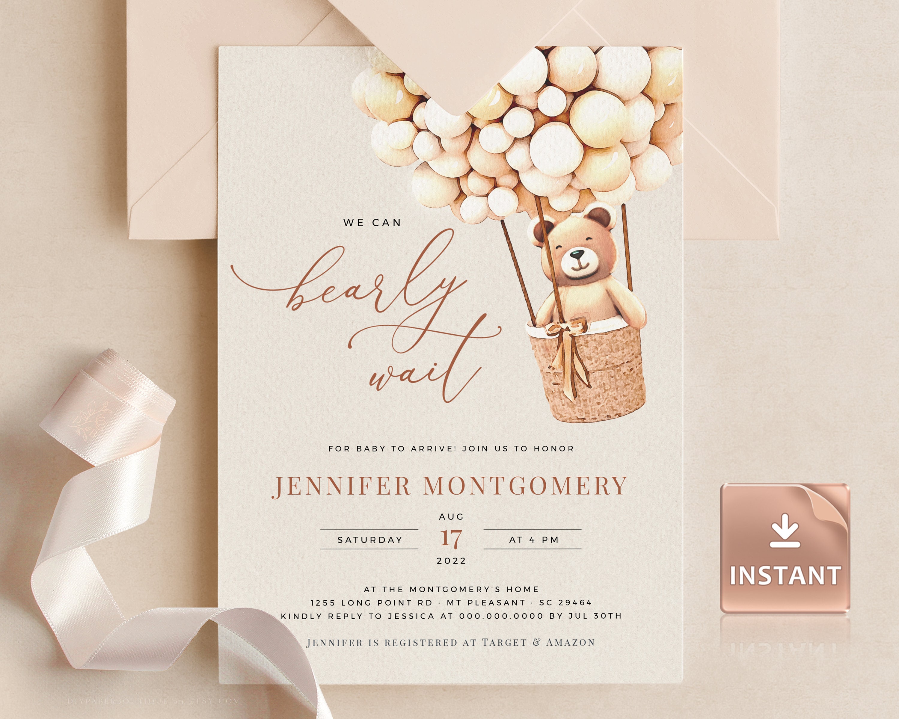 Paper Editable Teddy Bear Baby Shower Invitation Printable Baby Shower ...