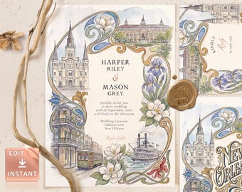 May include: A watercolour wedding invitation suite with New Orleans landmarks, floral details, and elegant calligraphy. The invitation includes the names "Harper Riley & Mason Grey" and event details. A gold wax seal adds a touch of sophistication.