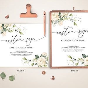 NEVE - White Rose Wedding Sign, Editable Custom Sign Template, Greenery Wedding Poster Reception Decor Eucalyptus Printable Sign White Roses