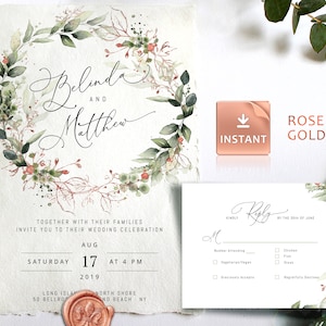 LUMI - Modello di invito a nozze finto ORO ROSA, Verde eucalipto rame, Suite Boho modificabile, Set Boho stampabile, Inviti Rosegold