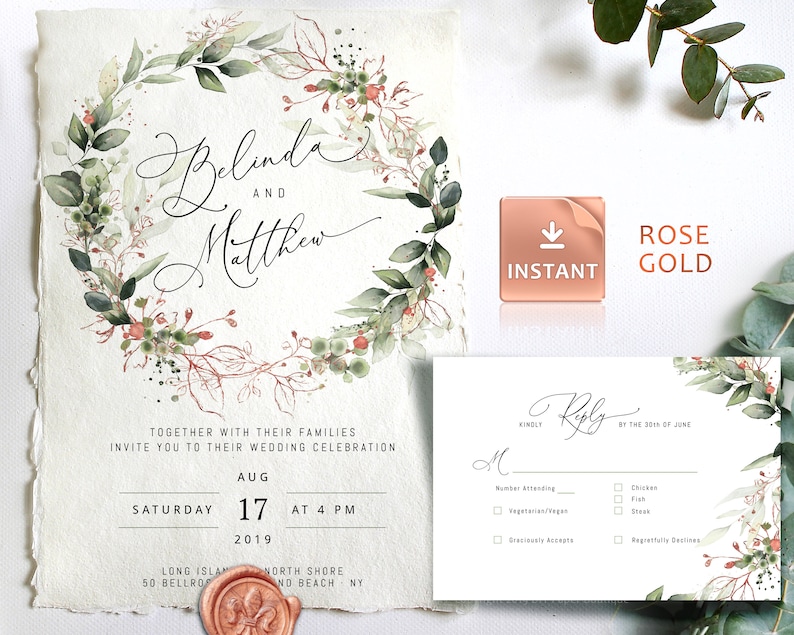 LUMI Faux ROSE GOLD Copper Wedding Invitation Template Etsy
