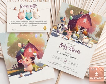 Farm Animals Baby Shower Invitation Barn Party Invite Template Editable Ranch Sprinkle Red Barnyard Animals Instant Download Templett