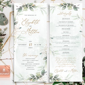 Pode incluir: Um convite de casamento com um design floral verde e branco. O convite inclui os nomes Elizabeth e Matthew, a data de sábado, 17 de julho de 2022 e a hora 16h00. O verso do convite lista a festa de casamento, incluindo o celebrante, a dama de honra, o padrinho de casamento, as damas de honra, os padrinhos de casamento, os acompanhantes, a menina das flores e o portador de alianças.