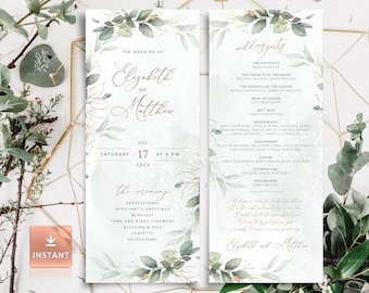 Boho Wedding Program Template: Greenery Ceremony Itinerary (DIY Printable)