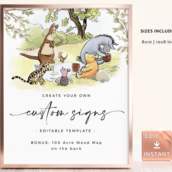 Signes personnalisés Winnie-The-Pooh Baby Shower ours modèle invité citations signe imprimable porcelet 100 acres bois ballon papillon Kanga Roo miel