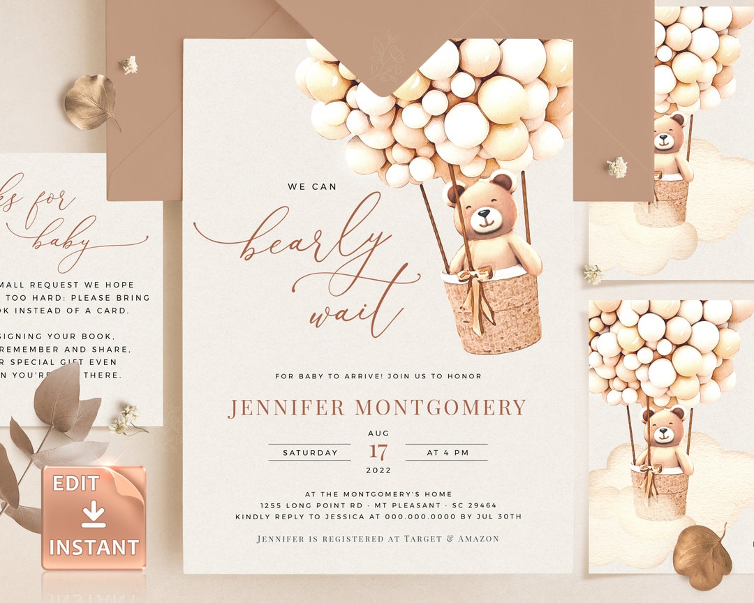 Bear Balloons Baby Shower Invitation Template, We Can Bearly Wait