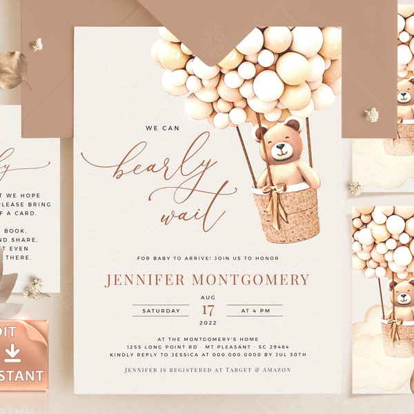 Bear Balloons Baby Shower Invitation Template: Gender Neutral, Editable Templett