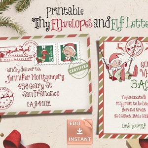Plantilla de carta y sobre de elfo navideño Editable Tiny Elf Carta de llegada Carta de regreso Elfo navideño Estoy de vuelta Elfo imprimible Bienvenido