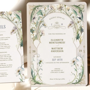 modèle d'invitation de mariage marguerite vintage Art Nouveau Mucha classique modifiable personnalisable rétro inviter thème Art déco rugissant 20e