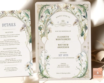 Vintage Daisy Wedding Invitation Template Art Nouveau Mucha Classic Editable Customizable Retro Invite Art Deco Theme Roaring 20th