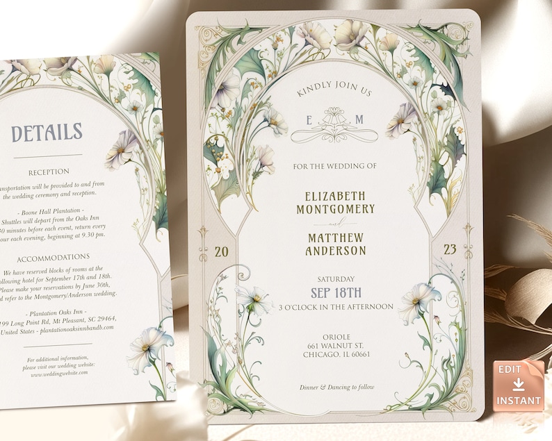 Vintage Daisy Wedding Invitation Template Art Nouveau Mucha Classic Editable Customizable Retro Invite Art Deco Theme Roaring 20th image 1