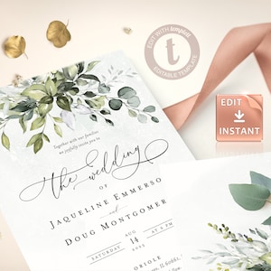 Editable Greenery Wedding Invitation Template, Boho Watercolor Eucalyptus Wedding Invite, Bohemian Wedding Templates, Instant Download REESE image 10