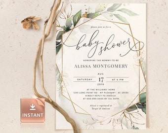 Geometric Baby Shower Invitation: Neutral Greenery, Editable Template