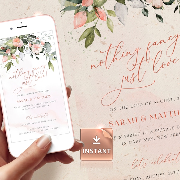 KYLIE - Blush Nothing Fancy Just Love Elopement Announcement Evite, Smartphone Blush Greenery Digital Template, Mobile Invite, Download