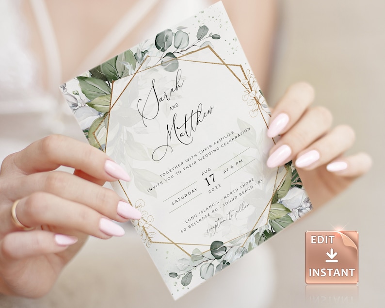 Bohemian Wedding Suite Instant Download Boho Watercolor Eucalyptus Wedding Invite Template REESE Geometric Greenery Wedding Invitation