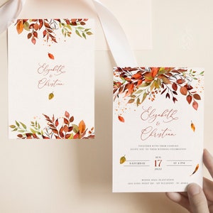 SIENNA - Boho Rustic Fall Wedding Invitation Template, Fall Leaves and Greenery, Burnt Orange Invites, Boho Fall Invitations, DIY