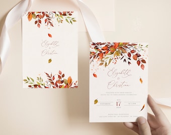 SIENNA - Bohemian Rustic Fall Wedding Invitation Template, Fall Leaves and Greenery, Burnt Orange Invites, Boho Fall Invitations, DIY