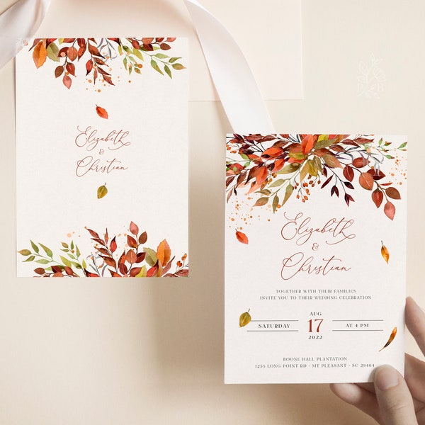 SIENNA - Bohemian Rustic Fall Wedding Invitation Template, Fall Leaves and Greenery, Burnt Orange Invites, Boho Fall Invitations, DIY