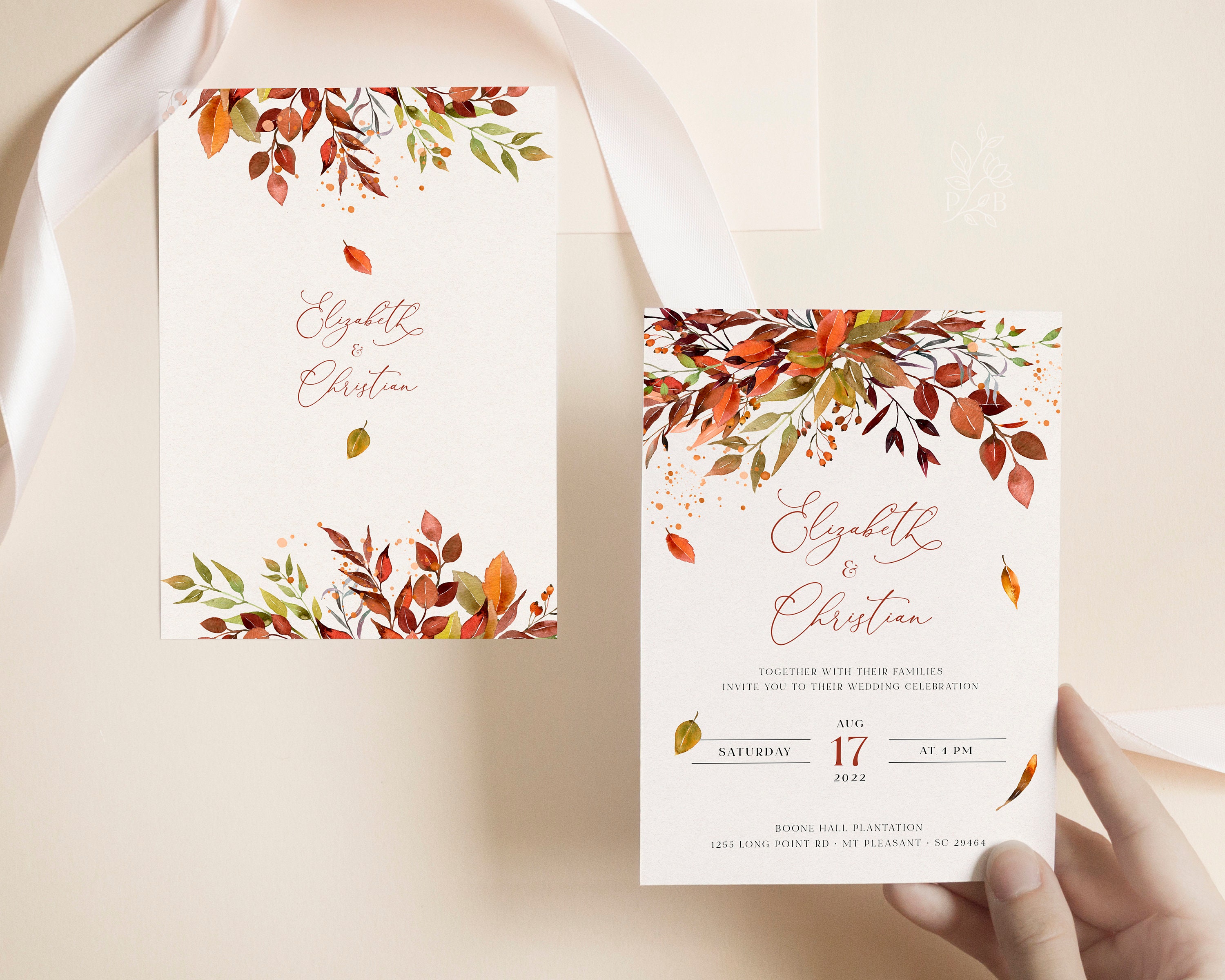 Bohemian Fall Wedding Invitation Template: Rustic Leaves, Burnt Orange (DIY)
