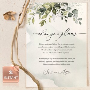 REESE - Wijziging van plannen kaart met eucalyptus aquarel groen, wijziging van plannen afdrukbaar, direct downloaden, wijziging plan sjabloon bewerkbaar